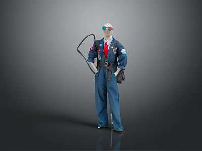 Blue Workwear Jumpsuit With Red Tie Glasses And Utility Belt Tools 3d model