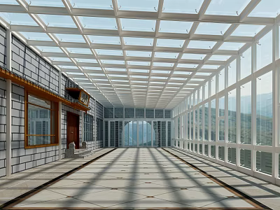 Spacious Villa Balcony with Glass Roof Large Windows Stone Walls Mountain View and Light Shadows 3d model