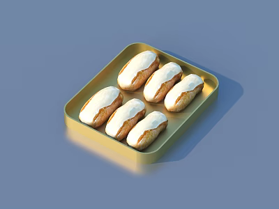 Delicious Finger Pastry with White Frosting Served on Golden Tray 3d model