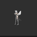 Woman with White Hair Fox Ears Blue Eyes and White Tail Wearing Gray Dress