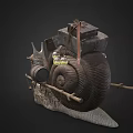 Ornate Giant Snail Carrying Wooden Barrel Boxes Bells Glass Orbs And Flag