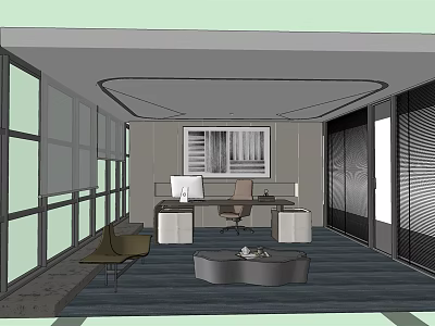 Modern Office Interior Design With Large Windows Wooden Desk Computer Chair Area Rug And Sofa 3d model