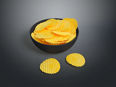 Black Bowl Filled With Crunchy Yellow Potato Chips Two Chips Beside 3d model