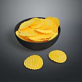 Black Bowl Filled With Crunchy Yellow Potato Chips Two Chips Beside
