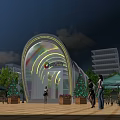 Building Facade with Arched Colorful Glass Design Surrounded by Pedestrians Green Plants and Street Lamps