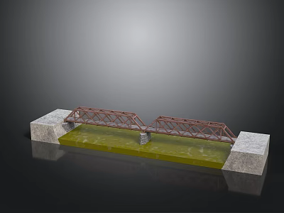 Metal Truss Bridge Structure Featuring Concrete Piers And Green Water Area 3d model