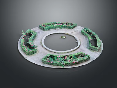 Circular Garden Sculpture with Central Water Pool Surrounding Flower Beds Green Plants and Pink Flowers 3d model