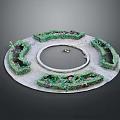 Circular Garden Sculpture with Central Water Pool Surrounding Flower Beds Green Plants and Pink Flowers