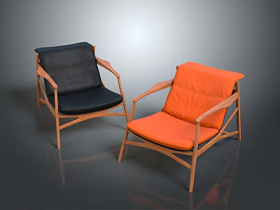 Two Stylish Modern Accent Chairs With Black And Orange Cushions And Wooden Frames 3d model