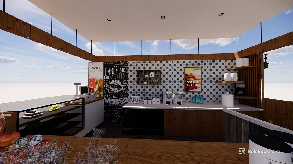 Modern Bubble Tea Shop Interior With Counter Drinks Display And Menu Posters 3d model 