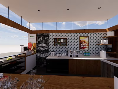 Modern Bubble Tea Shop Interior With Counter Drinks Display And Menu Posters 3d model