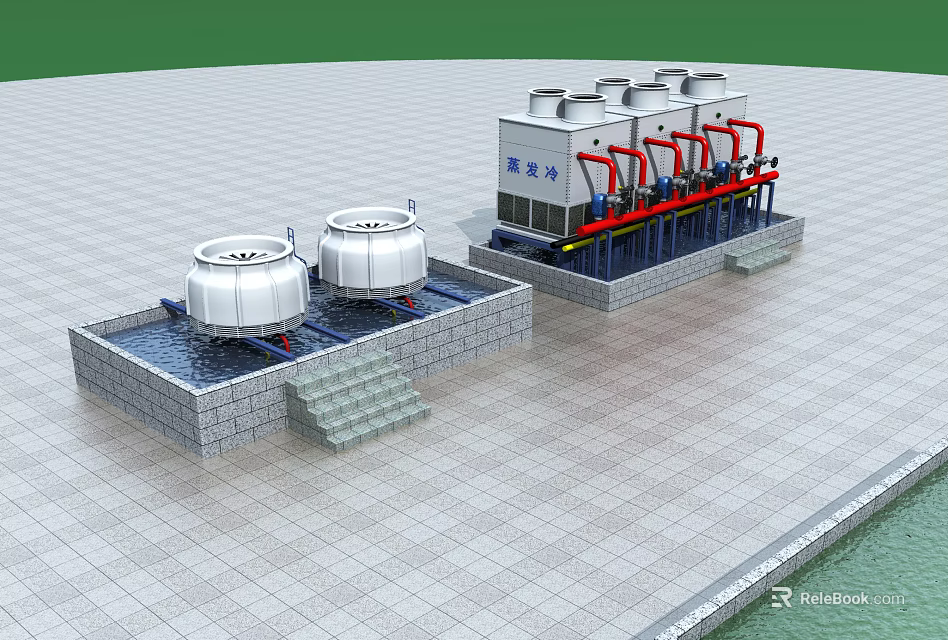 Industrial Water Cooling Equipment With White Towers And Pipeline Systems 3d model 