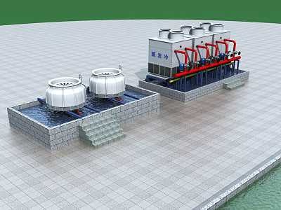 Industrial Water Cooling Equipment With White Towers And Pipeline Systems 3d model