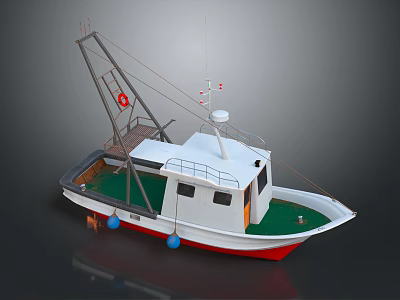 Fishing Boat With White Red Hull Green Deck Crane And Lifebuoy 3d model