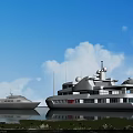 Luxury Large Yacht And Small Yacht On Waterfront With Blue Sky White Clouds Grass Flowers