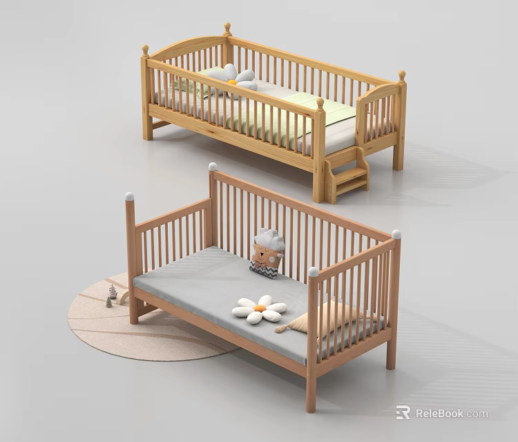 Wooden Children's Bed Designs With Ladder Decorative Elements And Soft Mattress 3d model 
