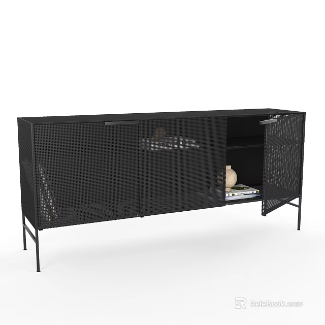 Modern Black TV Stand With Mesh Doors Open Storage And Metal Frame 3d model 