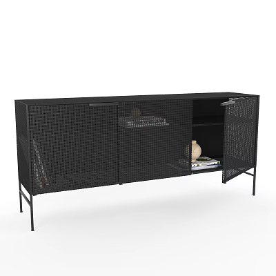 Modern Black TV Stand With Mesh Doors Open Storage And Metal Frame 3d model