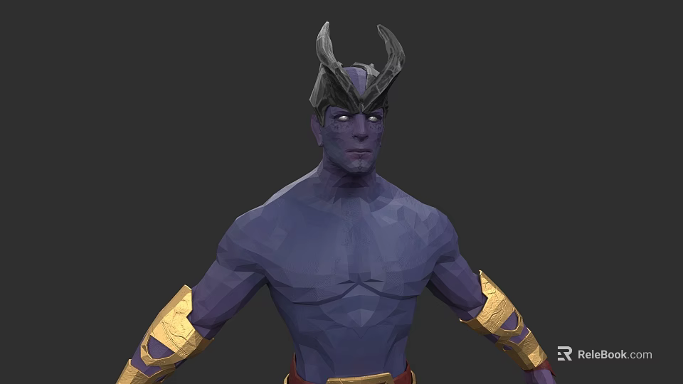 Purple Skinned Horned Character With Muscular Build And Golden Arm Guards 3d model 