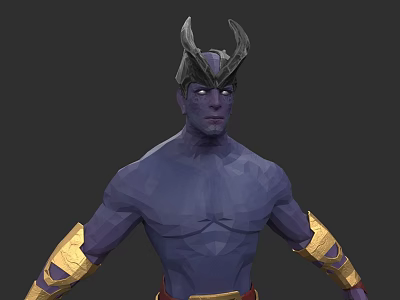 Purple Skinned Horned Character With Muscular Build And Golden Arm Guards 3d model