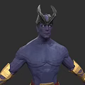 Purple Skinned Horned Character With Muscular Build And Golden Arm Guards