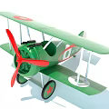 Green Biplane Model With Red Propeller And Red Star On Wheels 3d model