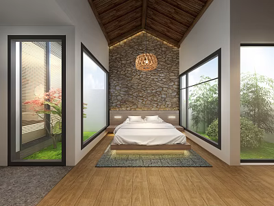 Hotel Guest Room with Wooden Ceiling Stone Wall Large Bed Windows and Green Plants View 3d model