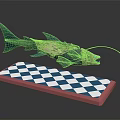 Green And Beige Fish Creature With Long Tentacle On Blue And White Checkered Pink Base