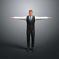 Man In Black Vest White Shirt Blue Tie With Arms Outstretched On Gray Background