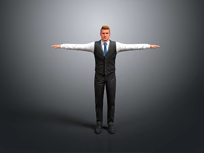 Man In Black Vest White Shirt Blue Tie With Arms Outstretched On Gray Background 3d model