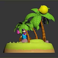 Palm Trees on Small Green Island with Cartoon Character Black Birds and Rocket Decoration