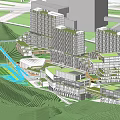 Modern School Campus Featuring Green Roof Buildings Central Courtyard Scenic Hills And Water Area