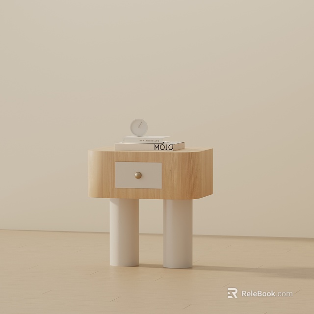Modern Light Wood Side Table With White Cylindrical Legs Round Drawer Handle And Small Clock On Top 3d model 