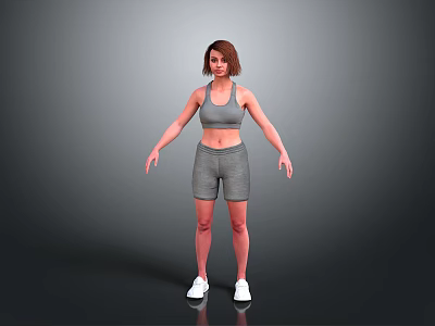Woman in Gray Sports Bra and Shorts Standing with White Sneakers on Gray Background 3d model