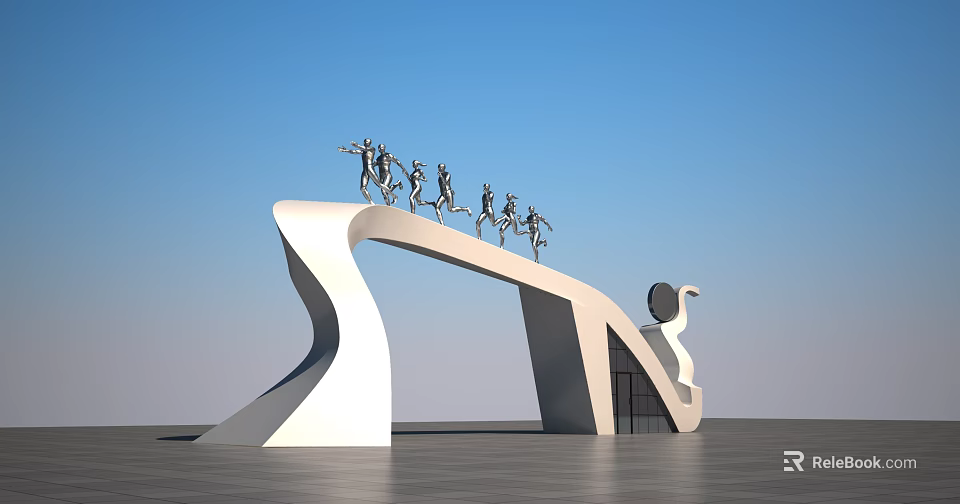 Modern Entrance Gate with White Curved Structure and Silver Running Human Sculptures on Top 3d model 