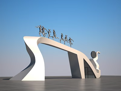 Modern Entrance Gate with White Curved Structure and Silver Running Human Sculptures on Top 3d model