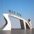 Modern Entrance Gate with White Curved Structure and Silver Running Human Sculptures on Top