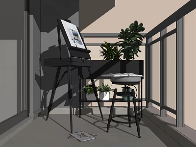 Modern Balcony Studio Setup With Art Supplies Easel And Musical Instruments 3d model