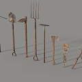 Vintage Agricultural Tools Collection Featuring Shovels Rakes Axes And Hoes With Wooden Handles