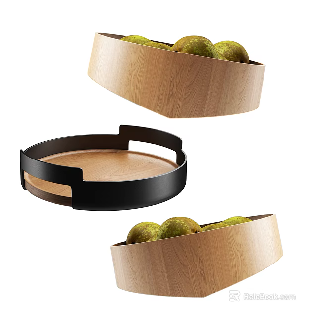 Stylish Ceramic Vessels Wooden Design Black Rimmed Tray Holding Fresh Pears 3d model 