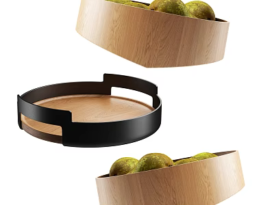 Stylish Ceramic Vessels Wooden Design Black Rimmed Tray Holding Fresh Pears 3d model