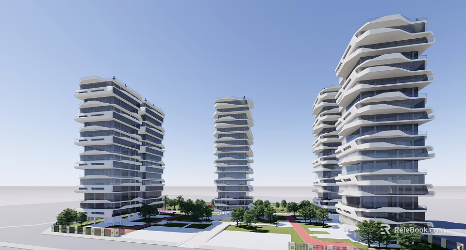Modern High Rise Residential Buildings With Wave Like Balconies And Green Surroundings 3d model 