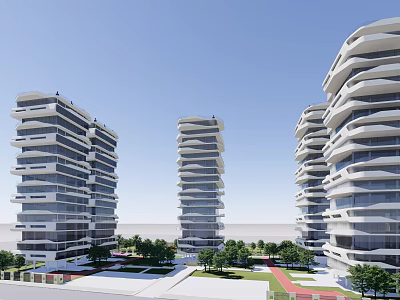 Modern High Rise Residential Buildings With Wave Like Balconies And Green Surroundings 3d model