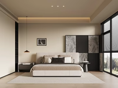 Modern Bedroom Interior Design With Upholstered Bed Nightstands Pendant Light And Area Rug 3d model
