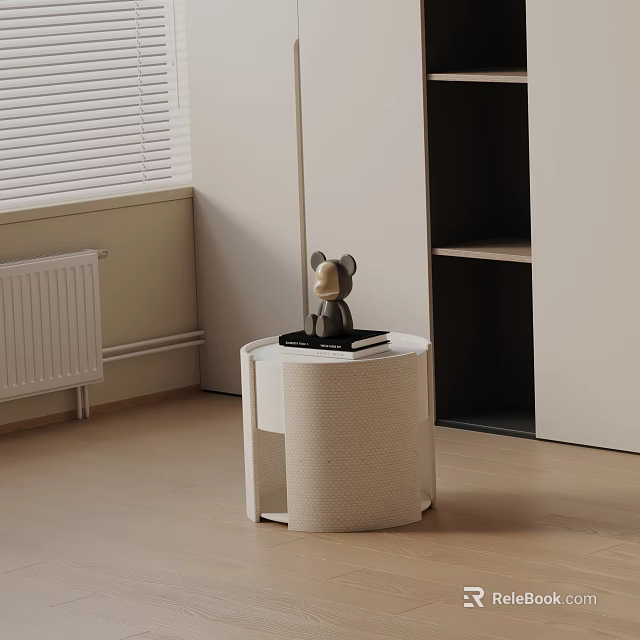 Round Woven Bedside Table With Mouse Figurine And Books In Minimalist Bedroom Interior 3d model 