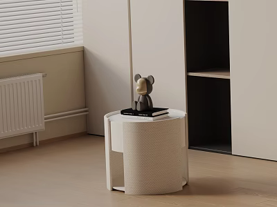 Round Woven Bedside Table With Mouse Figurine And Books In Minimalist Bedroom Interior 3d model