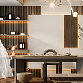 Modern Tea Room Interior With Herringbone Wood Flooring Pendant Lights Teaware Shelves And Potted Plant