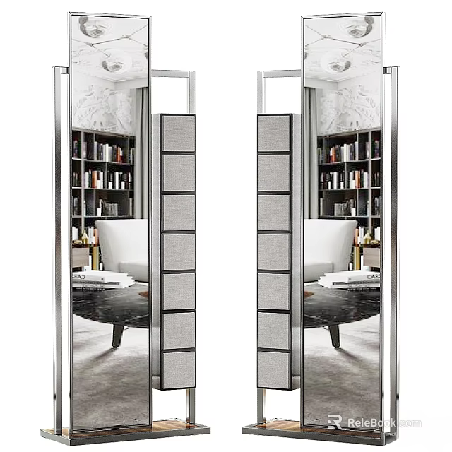 Contemporary Full Length Mirrors In Living Room With Bookshelves Sofa And Coffee Table 3d model 