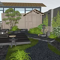 Serene Courtyard Garden With Wooden Deck Green Plants Stone Path And Decorative Stones