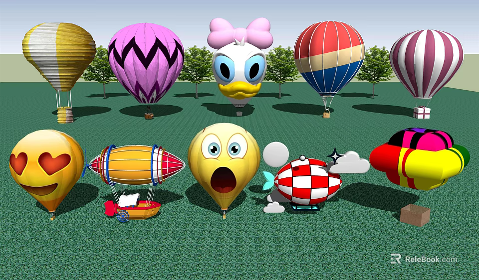 Fun Amusement Park Ride Equipment With Colorful Cartoon Hot Air Balloons 3d model 